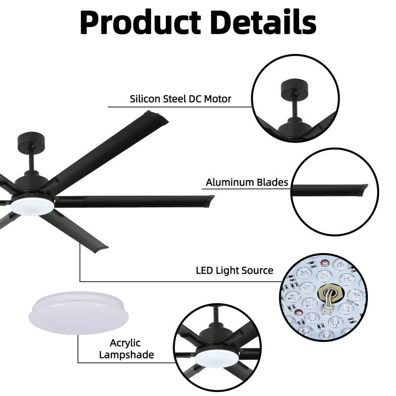 60"/72"/84" Black Modern Downrod Mount Ceiling Fan with LED Light, 6 Aluminum Blades, DC Motor, 6 Speed Reversible