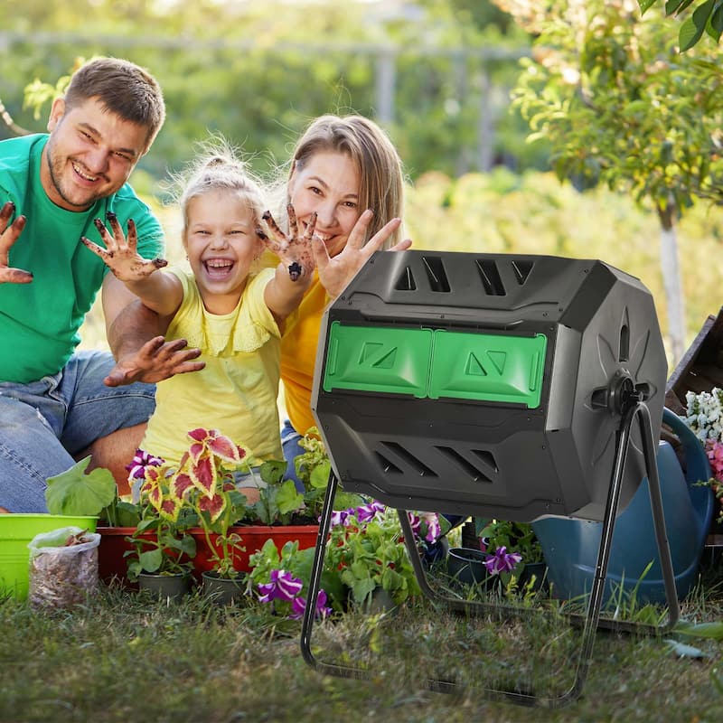 Outsunny Tumbling Compost Bin Outdoor Dual Chamber 360-deg Rotating Composter 43 Gallon w/ Sliding Doors & Solid Steel Frame - Green