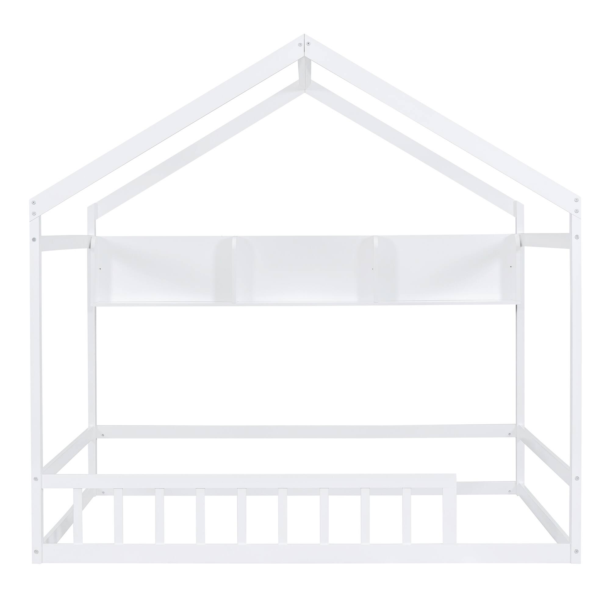 White Pine Wood House Bed with Roof, Fence, and Storage Shelf ...