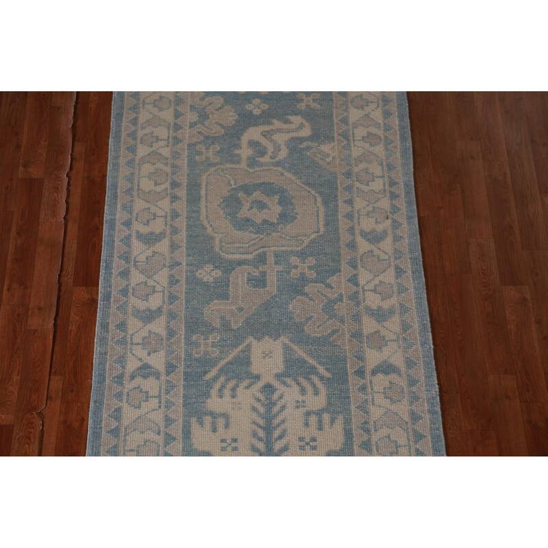 Hand Knotted Oriental 100% Wool Carpet Transitional Geometric Navy Blue & Blues Oushak Runner Rug - 18' 10'' X 3' 5''
