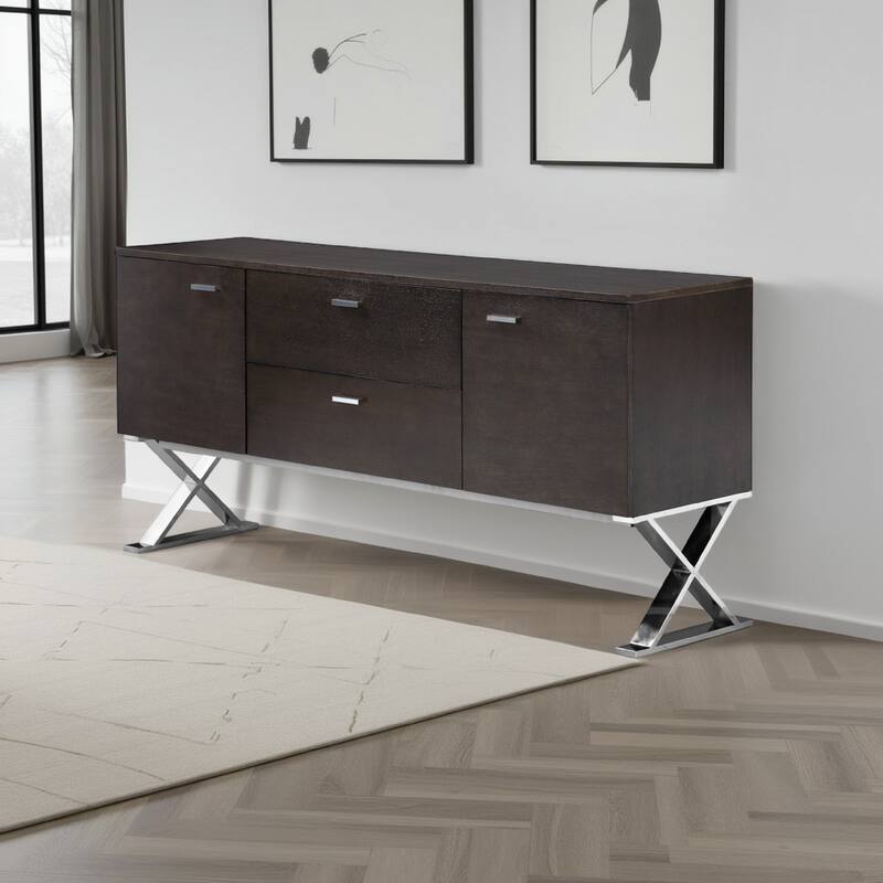 Rix Sideboard Buffet Console, 2 Door, X Chrome Legs, Brown 69 Inch