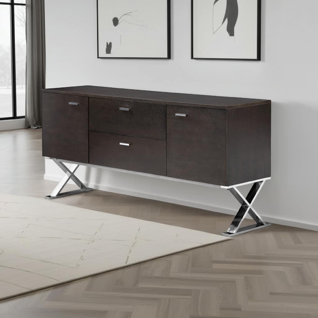 Rix Sideboard Buffet Console, 2 Door, X Chrome Legs, Brown 69 Inch