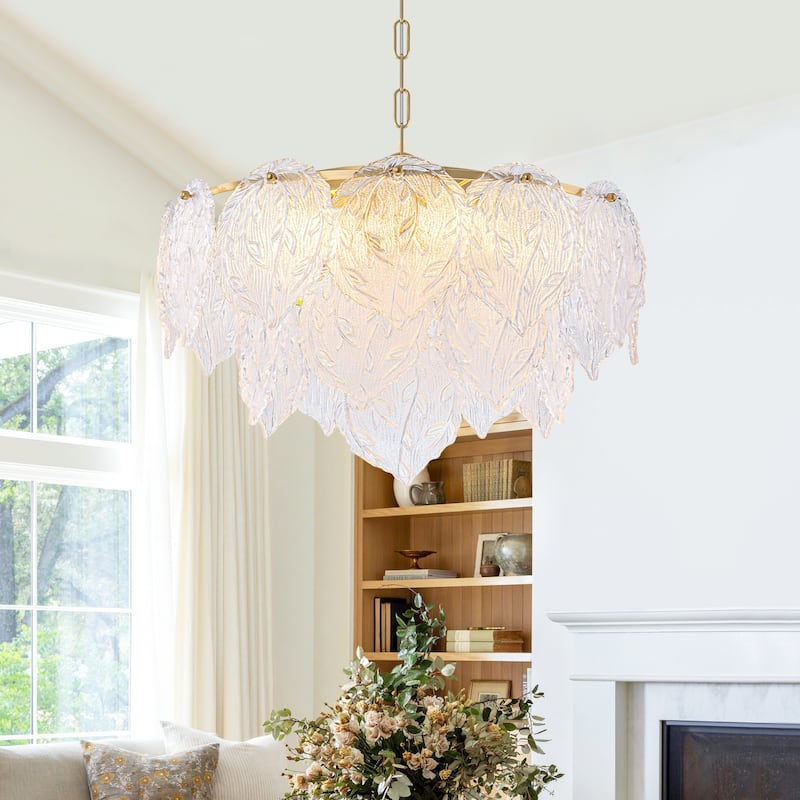 Luxury Gold Chandelier with Double-Tier Clear Glass Leaves - Dia.19.69-in