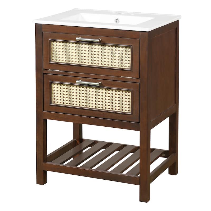 24"Bathroom Vanity with Integrated Ceramic Sink,Bathroom Cabinet with 1 Deep Drawer,1 Tip-Out Drawer,Single Sink Bathroom Vanity