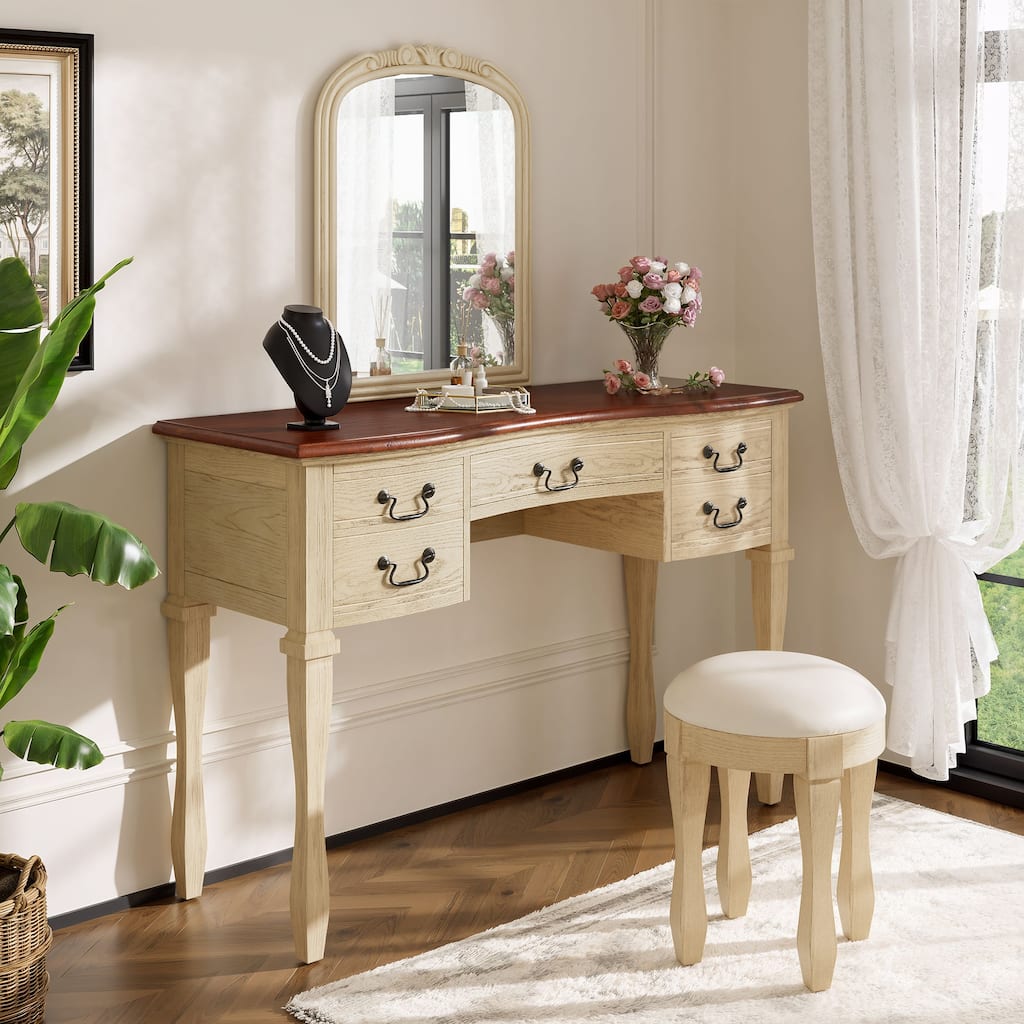 2-Piece Vanity Set with PU Leather Stool & 5 Drawers, Vintage Makeup Vanity with Curved Flower Frame Mirror