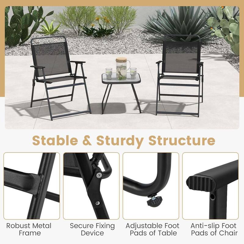 3 PCS Patio Bistro Set Folding Chairs & Table Set Patio Dining Set