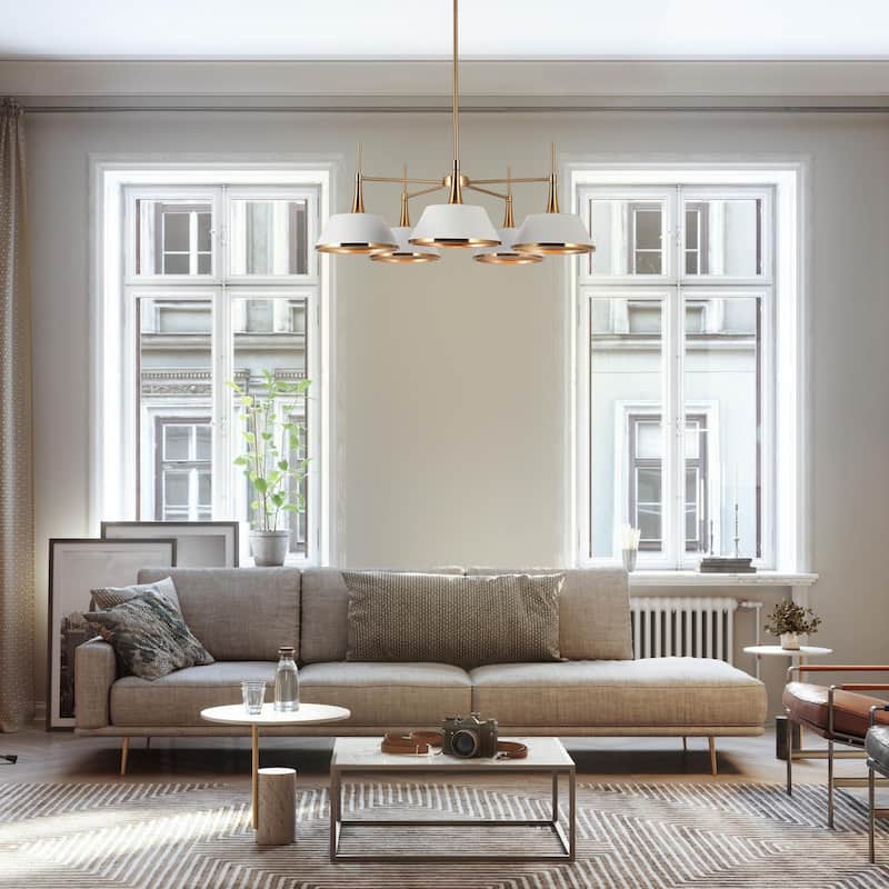 Mid-Century Modern 5-Light Wheel Chandelier Gold White Lights for Dining Room