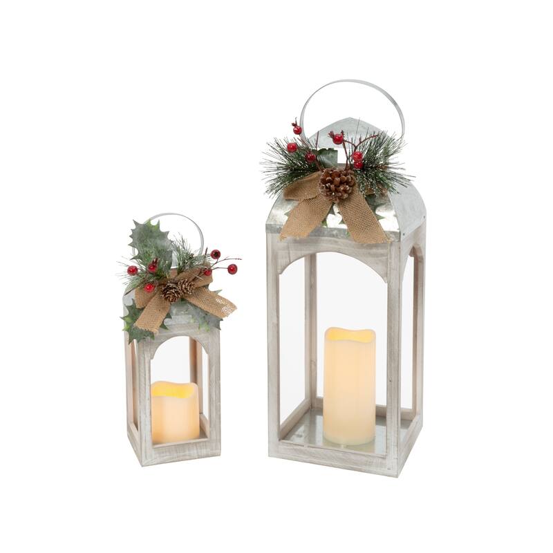 Set of 2 Christmas Holiday Lantern with Floral Accents