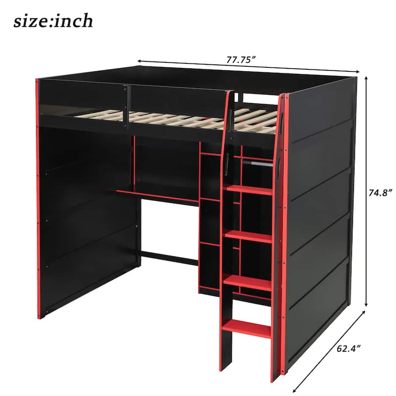All-in-one Full Size Wood Loft Bed for Gaming & Workspace with Desk, Open Wardrobe, Storage Compartments and RGB Light Strip