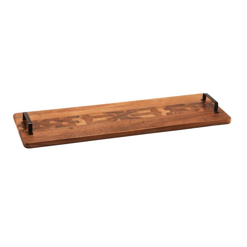 Wood Tray w/ Metal Handle - Extra Long - 9" x 26" - Brown - 9" x 26"