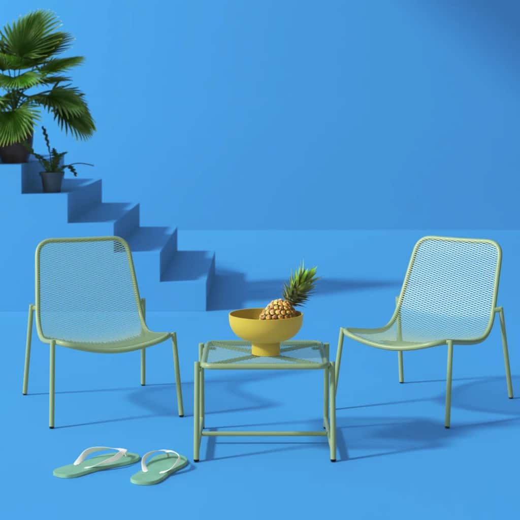 Roomfitters 3 Piece Outdoor Iron Patio Seating Group with Glass Top Side Table