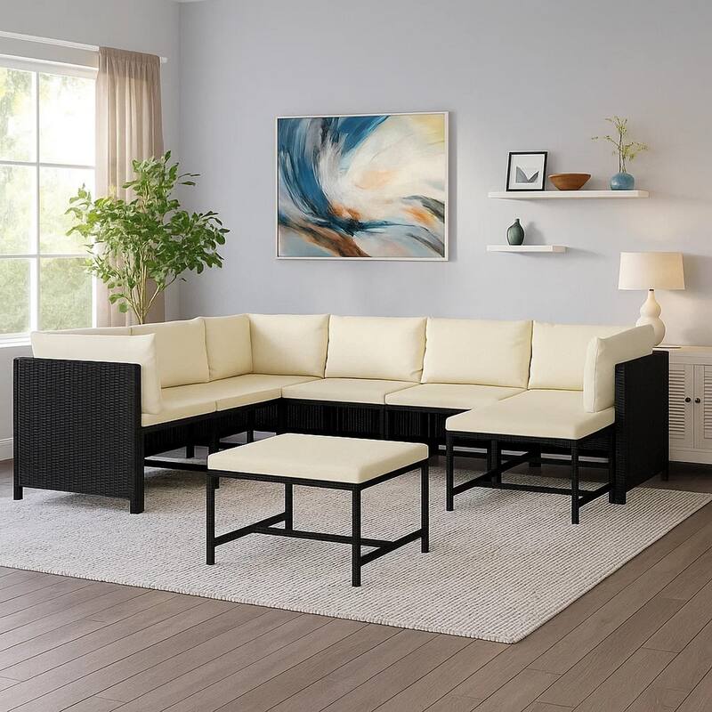 Reno 9pc Outdoor Modular Sofa Set, Ivory Fabric Cushions, Black Rattan