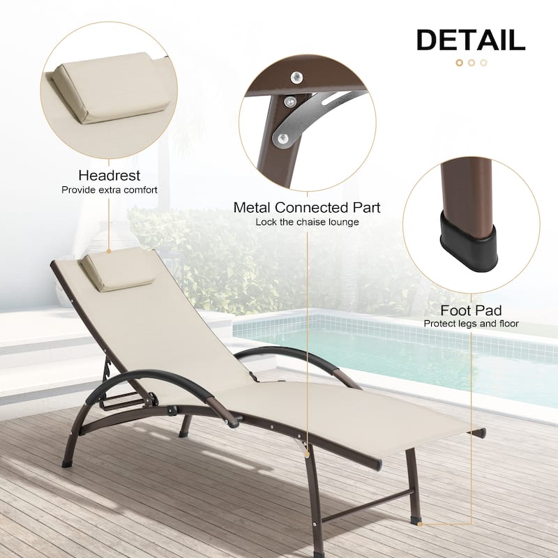 3-piece Outdoor Adjustable Aluminum Reclining Chaise Lounge Chairs with Wheels and Side Table Set