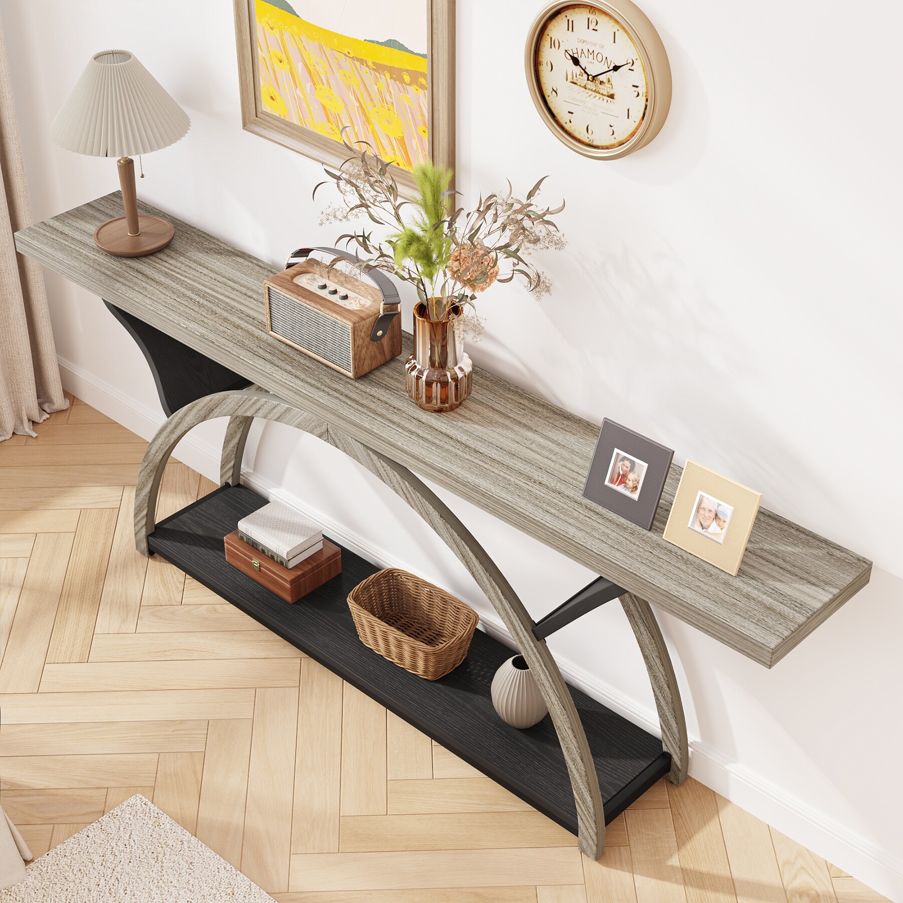 2-Tier Narrow Long Console Sofa Table with Semi-Circular Frame for