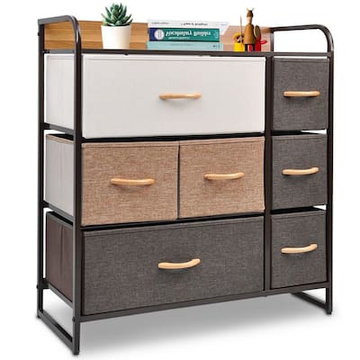 HomeRoots 32" Brown Fabric and Steel Accent Chest With Two Shelves And Seven Drawers - 31.5