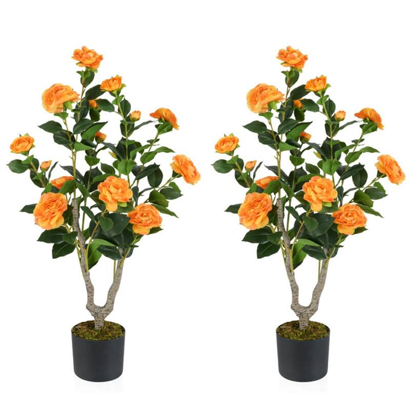 Set of 2 Artificial Camellia Trees 36 Inch Lifelike Indoor Decorative Plants with Cement Pots - 5" x 36" - Orange
