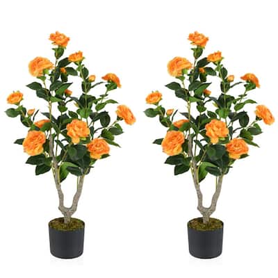 Set of 2 Artificial Camellia Trees 36 Inch Lifelike Indoor Decorative Plants with Cement Pots - 5" x 36"
