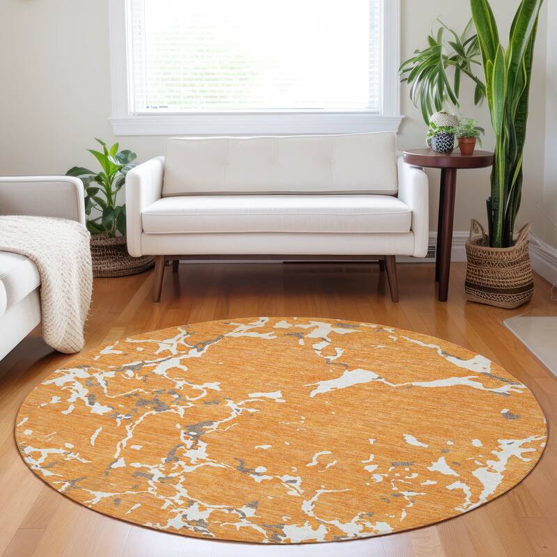Machine Washable Indoor/ Outdoor Abstract Camo Chantille Rug - Orange - 8' x 8'