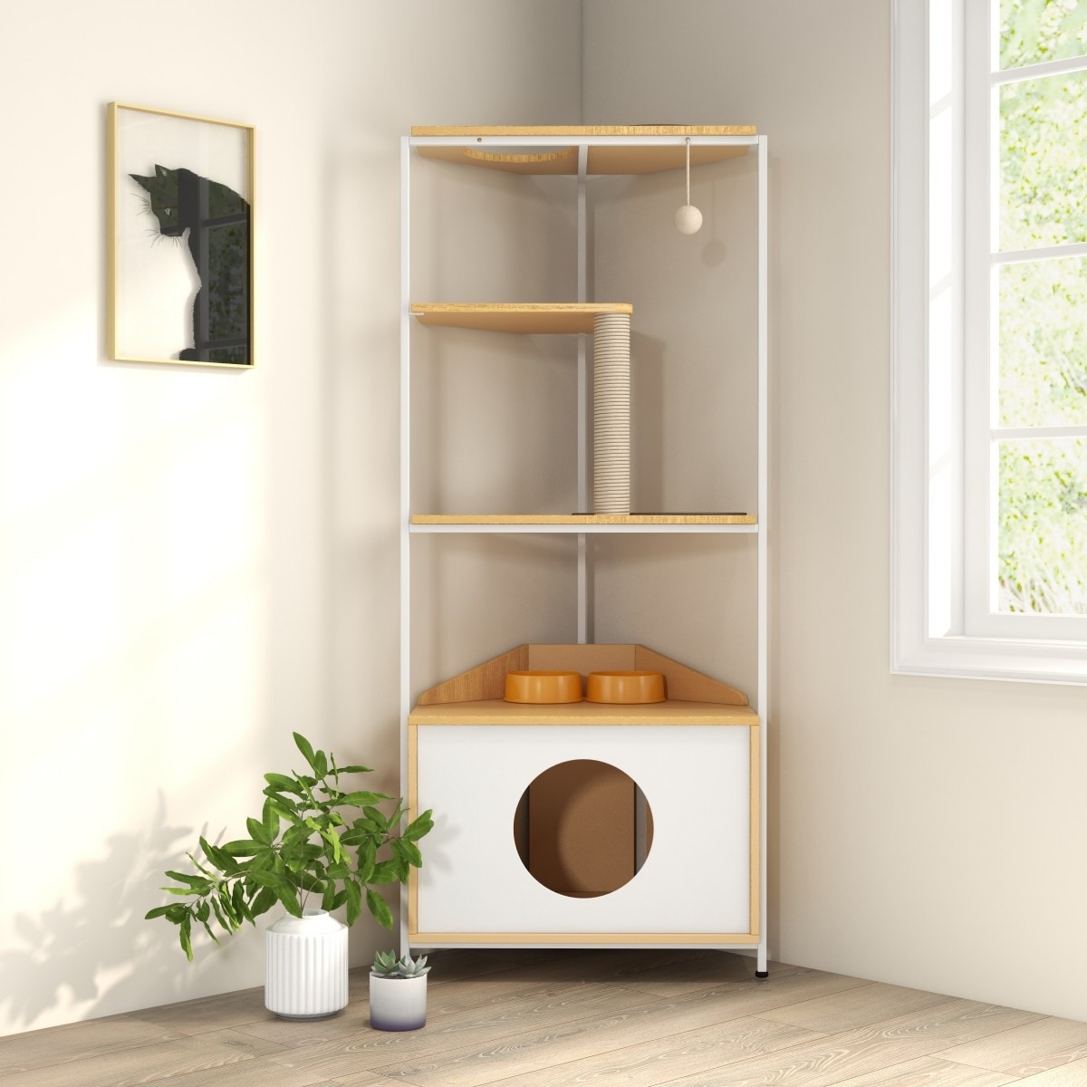 Corner Cat Tree with Scratching Post, Condo, Platforms & Feeder