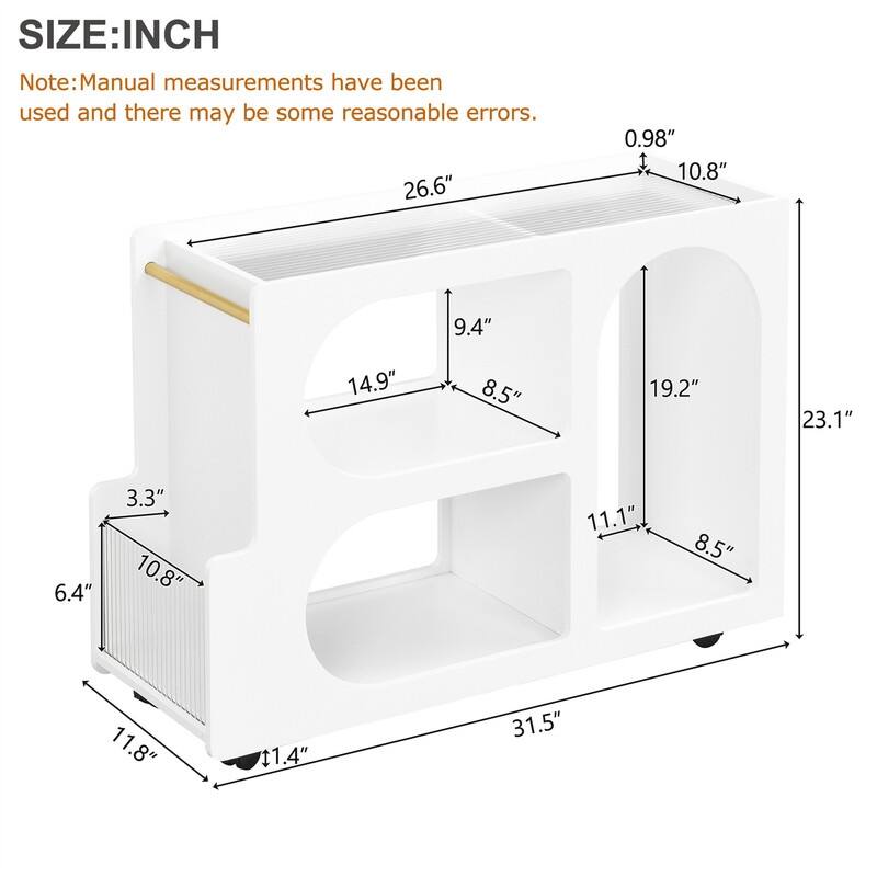 Mobile End Table with Thick Fluted Tempered Glass, Narrow Side Table with Lockable Wheels and Open Storage Compartments