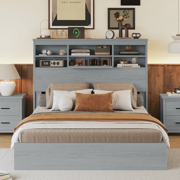 slide 2 of 18, Queen Size Vintage Platform Bed,With Storage Headboard and Charging Station Light Gray - Queen