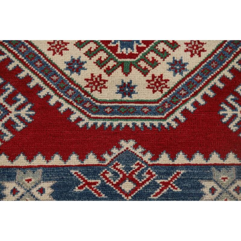 Red Geometric Kazak Runner Rug Handmade Wool Carpet - 4'0" x 13'5"