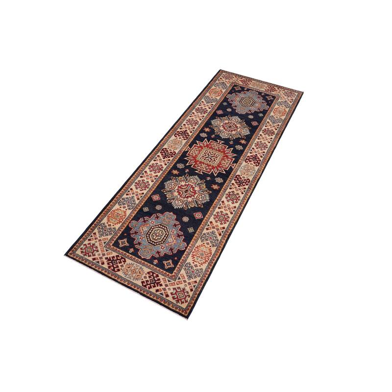 Southwestern Kazak Avery Blue/Beige Wool Runner - 2'8'' x 7'9''