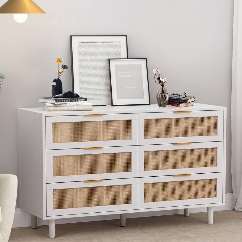 White Rattan Dresser with 6 Drawers Modern Particle Board Storage Chest for Bedroom Living Room Hallway Organization - White-51.18"