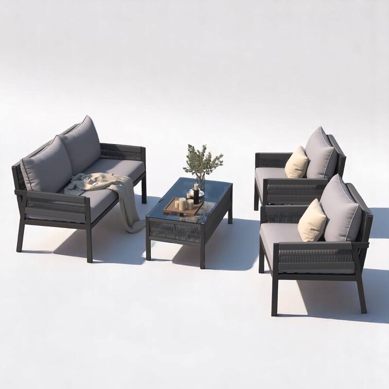 4-Piece Boho Patio Furniture Set with outdoor sofa Handmade Rope Weave,Tempered Glass Table, and Cushions-Patio Conversation Set