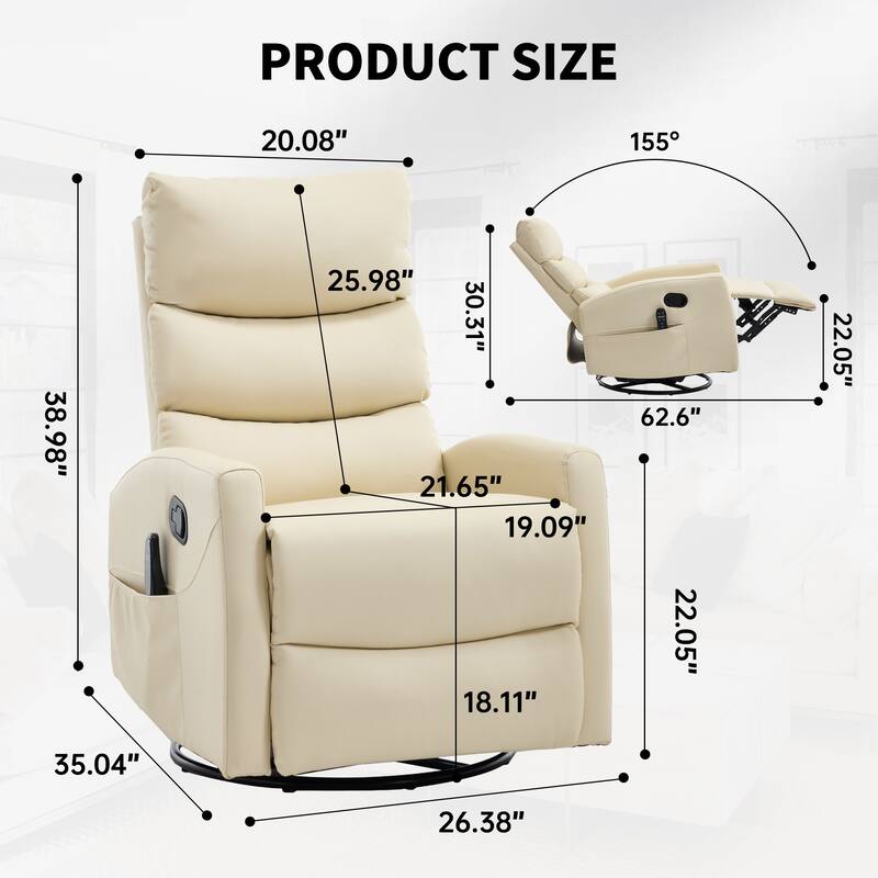 Roomfitters Manual Swivel Rocker Recliner Chair with Heat and Massage Fabric Glider Lounge Sofa for Living Room