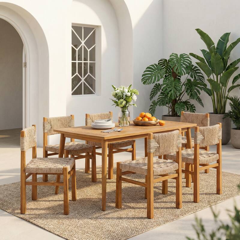 Christopher Knight Home - 7-Piece Acacia Wood Outdoor Dining Table Set with Wicker Woven Dining Chairs - Light Brown+Teak Finish