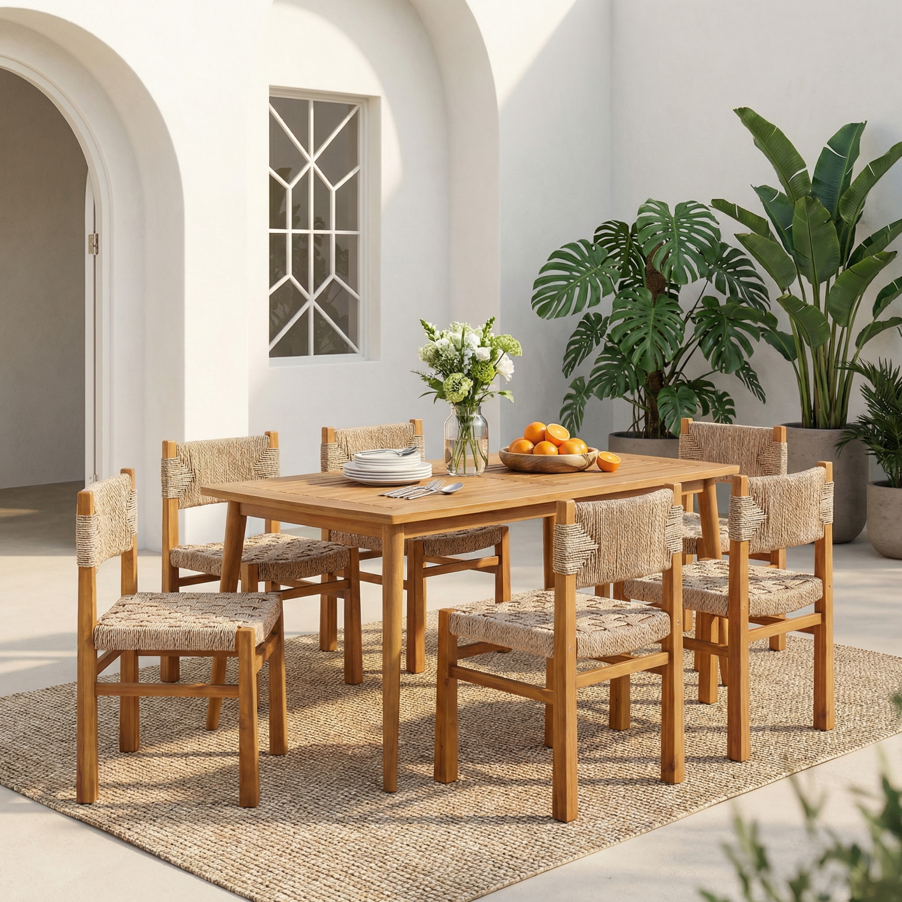 Christopher Knight Home - Outdoor 7-Piece Dining Set with Acacia Wood and Wicker Woven Dining Chairs