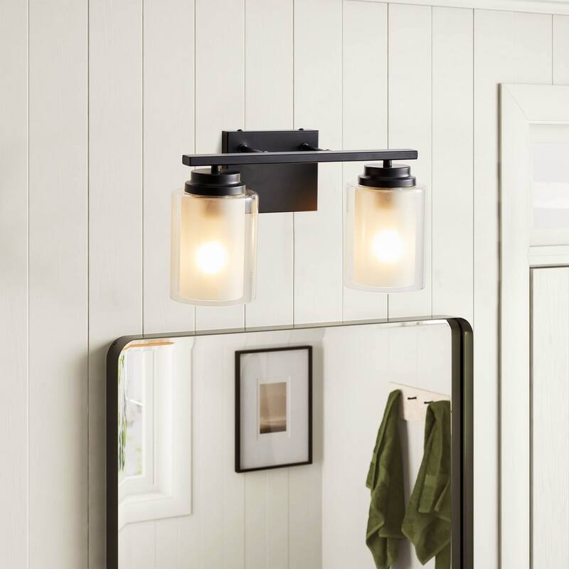 Modern 2-Light Bathroom Vanity Lighting Fixture with Cylinder Clear Glass - Black