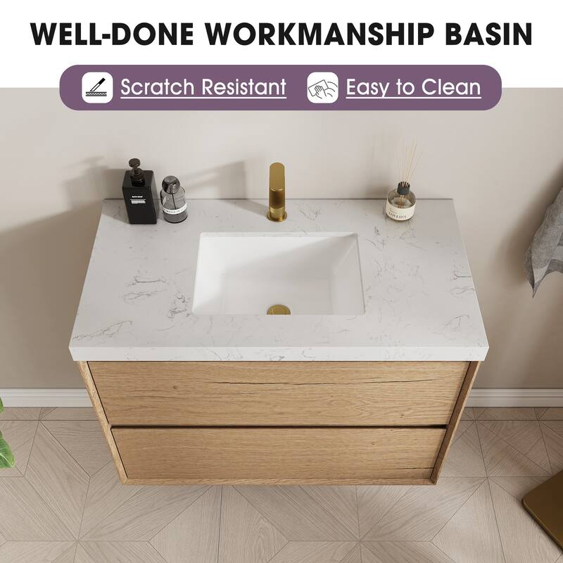 Sylphar 36 inch Bathroom Vanity with Sink, Floating Oak Cabinet with Stone Top