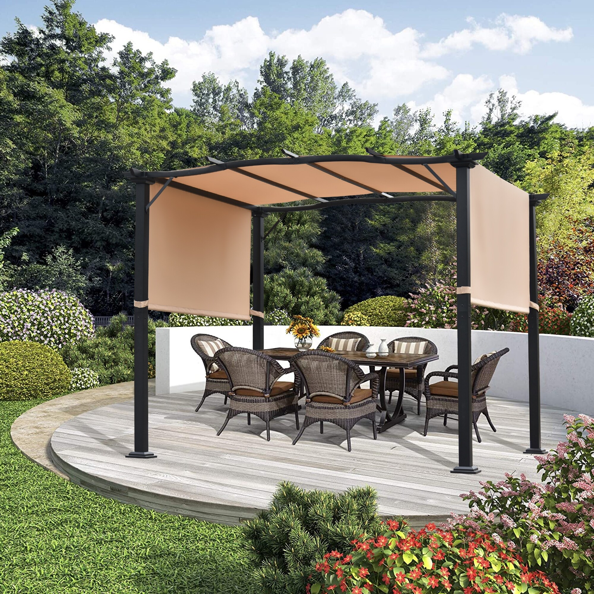 CoastShade 10x8 Pergola Gazebo Canopy Outdoor Patio Garden Steel Frame Sun Shelter with Retractable Canopy Shades，Beige