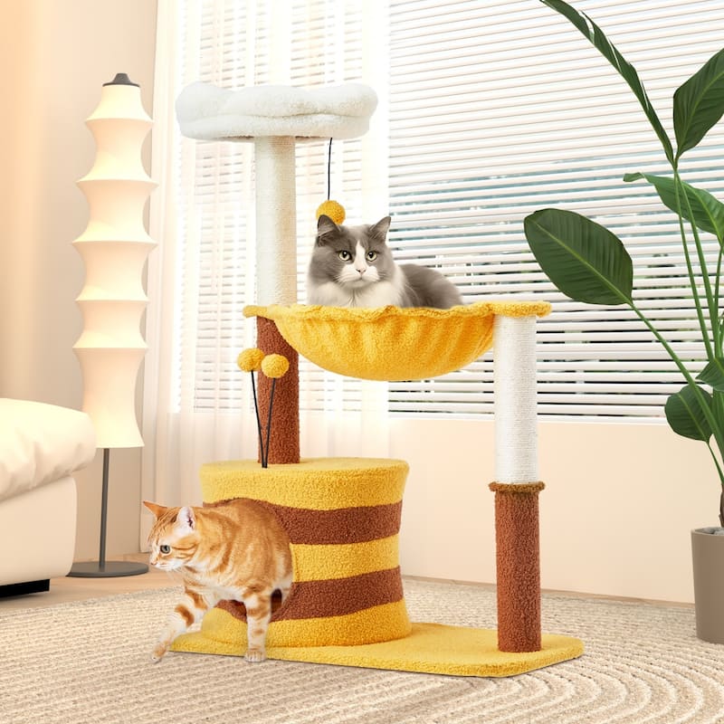 EROMMY 14.6 in Flower Cat Tree with Well-padded Perch, Cat Tower with Sisal Scratching Posts and Interactive Toys, Yellow - 36.6''