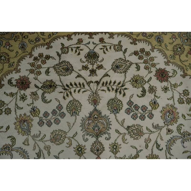 Hand Knotted Oriental Silk Carpet Traditional Floral Beige & Ivories Kashmir Area Rug - 8' 11'' X 5' 11''