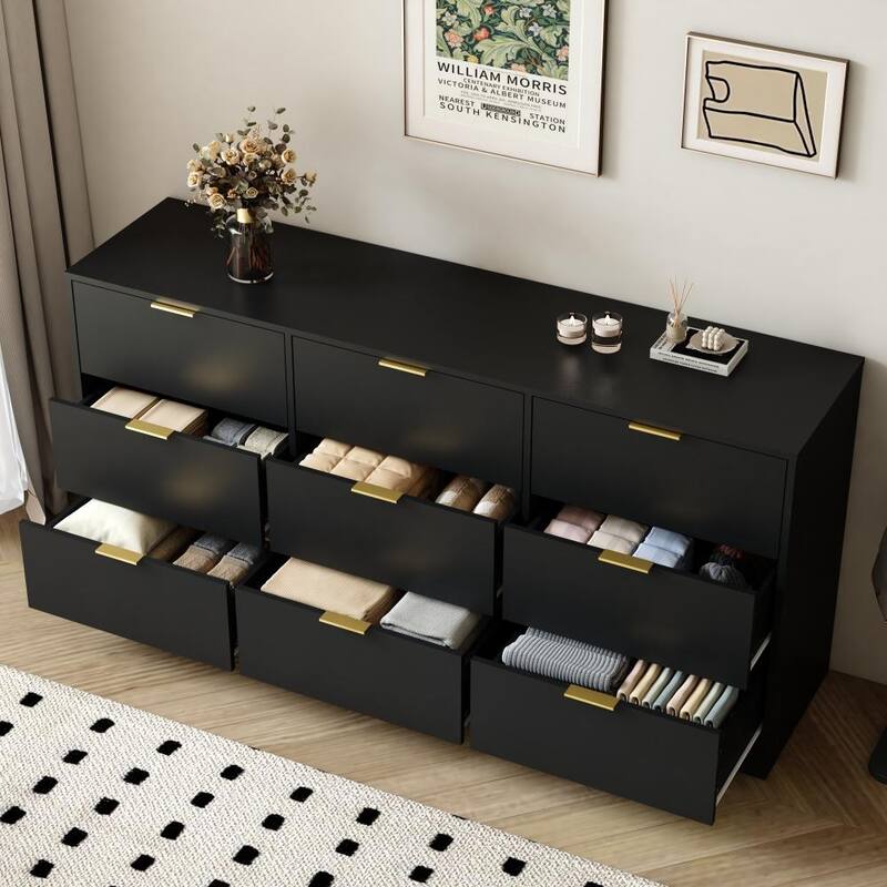 63" Large Wooden Deep Chest 9 Drawer Dresser for Living Room