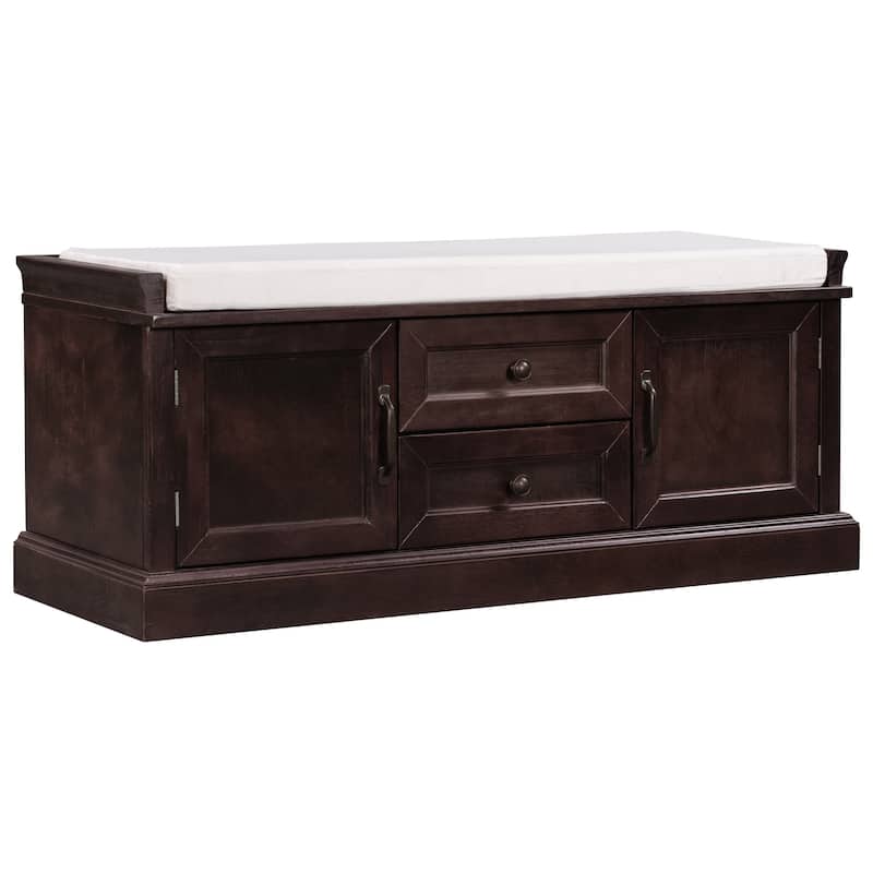 Storage Shoes Bench with 2 Drawers, 2 Cabinets and Removable Cushion