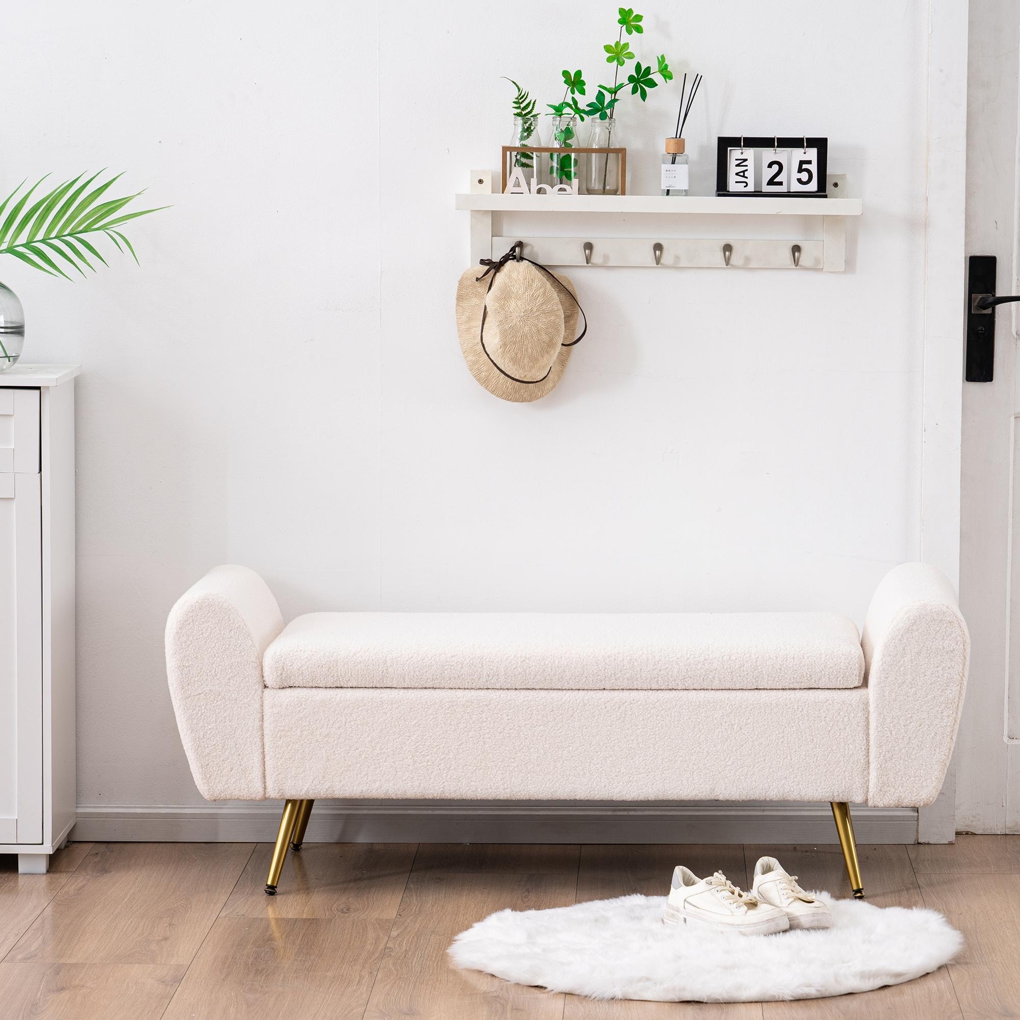 Upholstered 55"W Flip Top Storage Bench Bedroom Bench Modern End of Bed Bench for Entryway Hallway Window with Gold Legs