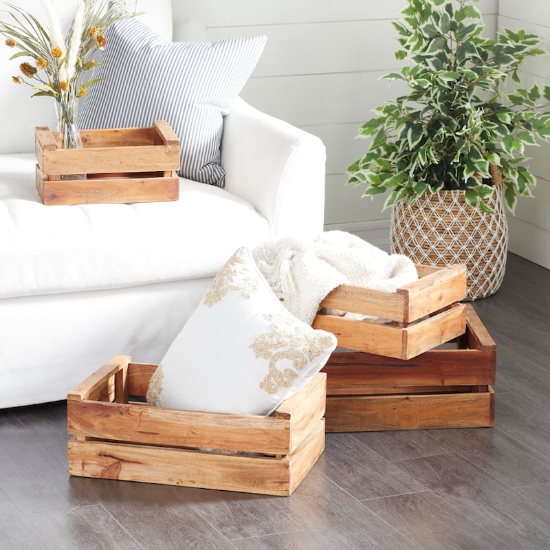 Wood Handmade Storage Basket with Handles - Set of 4 Brown - Roche River Decor - 15"W x 22"L x 9"H