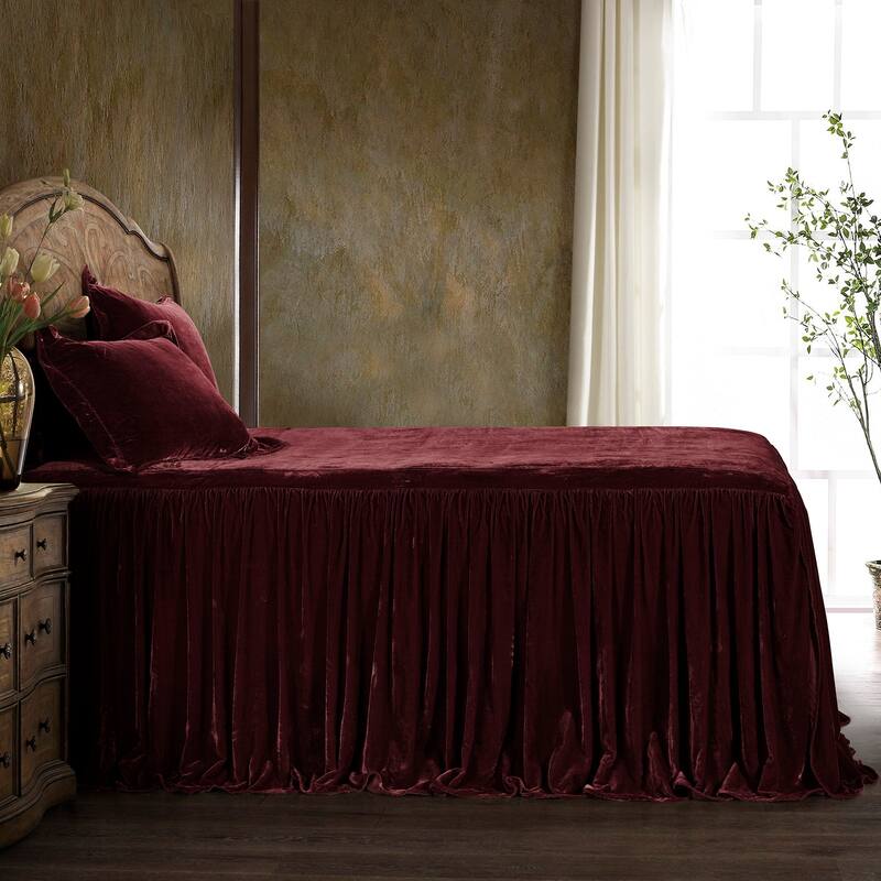 HiEnd Accents Stella Faux Silk Velvet Ruffle Skirt 3 Piece Bedspread Set with Pillow Shams - Garnet Red - King