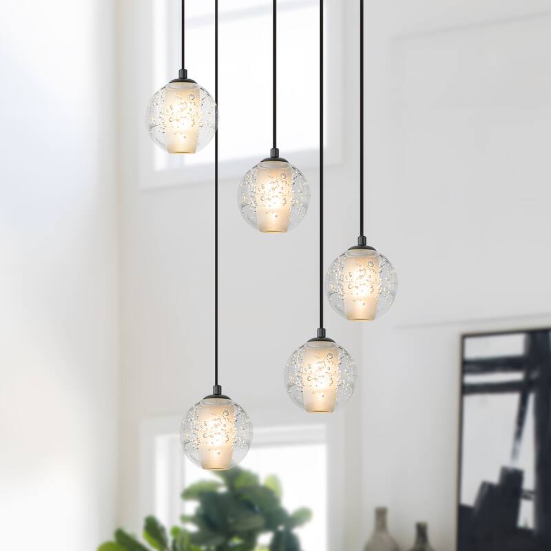 Starsky Modern 5-Light Cluster Globe Glass Chandelier Stair Entryway Cluster Light for High Ceiling - Black