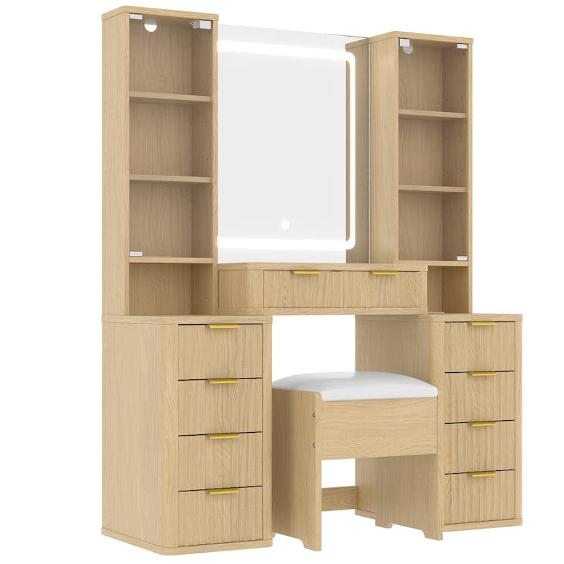 43.5" Fluted Makeup Vanity Desk with LED Mirror, Dressing Table Set with Stool, 10 Drawers & Charging Station