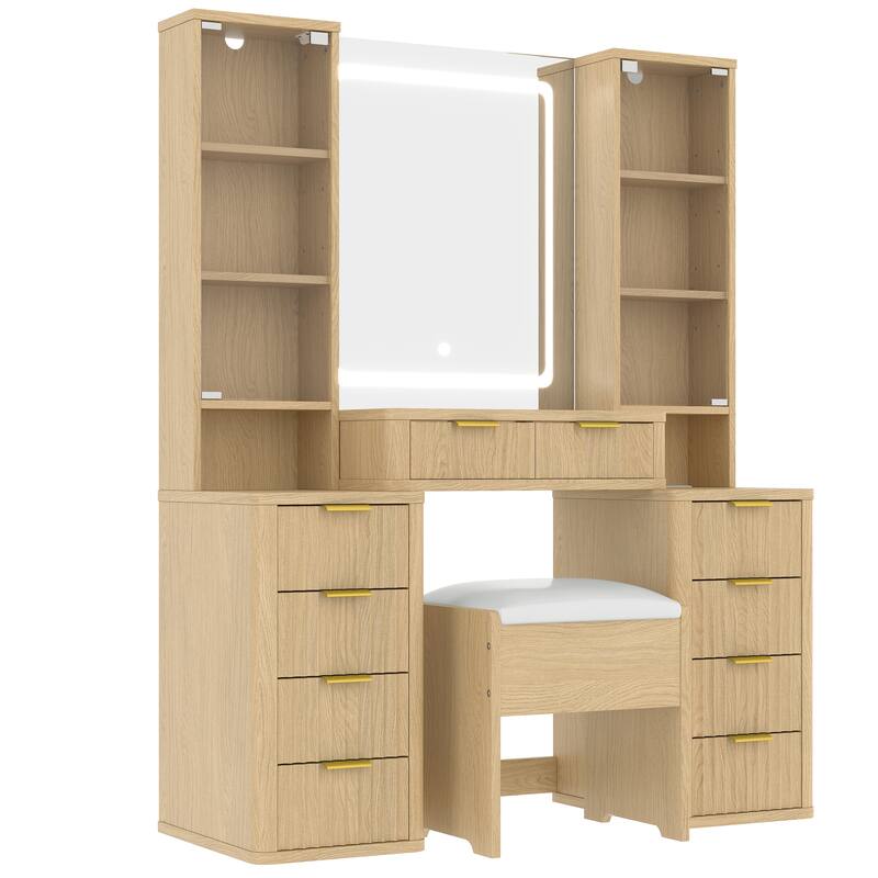 Roomfitters 43.5" Makeup Vanity with LED Lighted Mirror, Fluted Ribbed Drawers, Charging Station, 9 Drawers and Stool, Oak