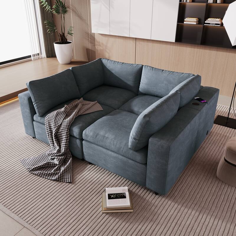 4Seat Modular Sofa with USB Ports Polyester Upholstered Sectional Sofa with Wireless Charging