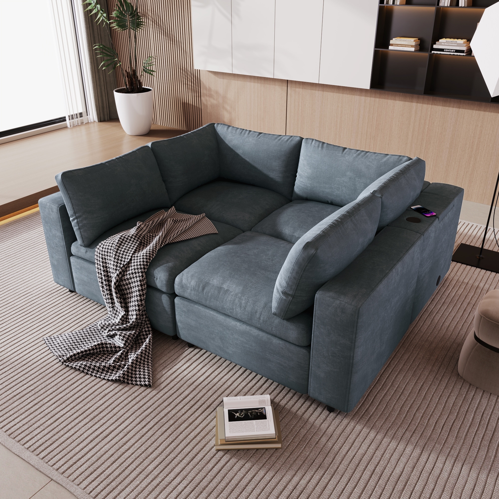 Modular 4 Seater Sofa Upholstered Modular Couch with USB Charge Ports and Wireless Charging Built in Bluetooth Speaker in Arm