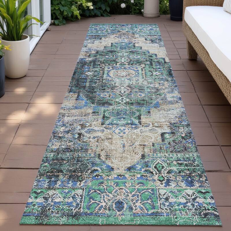 Machine Washable Indoor/Outdoor Boho Traditional Chantille Rug - Green - 2'3" x 7'6"