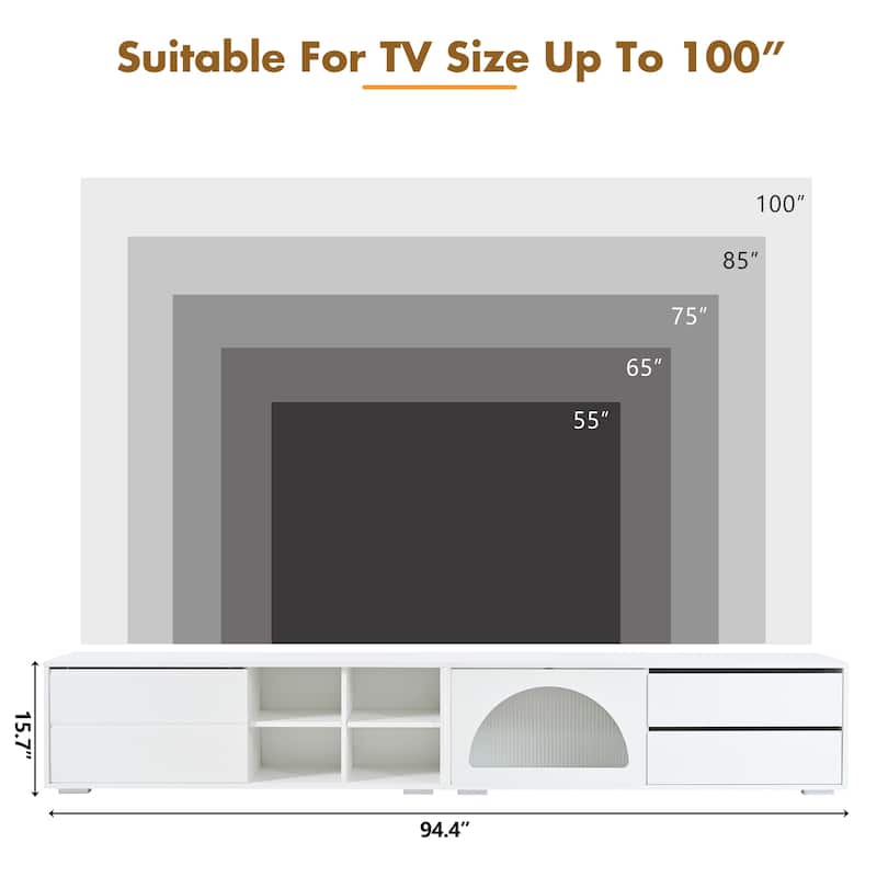 Modern TV Stand with Fluted Glass Door,2 Drawers and LED Light