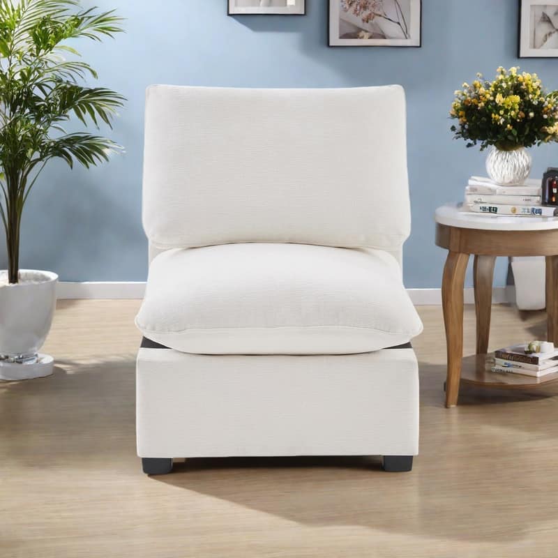 Chenille Modular Sofa Section - Deep Seat Single Module for Custom Sectionals - White
